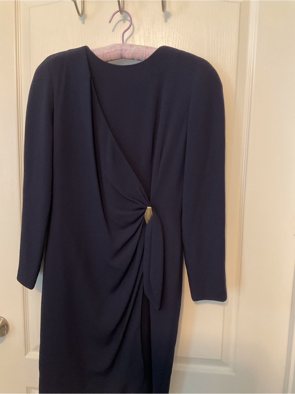 Maggy London Navy Long-Sleeve Twist-Front Dress with Gold Accent